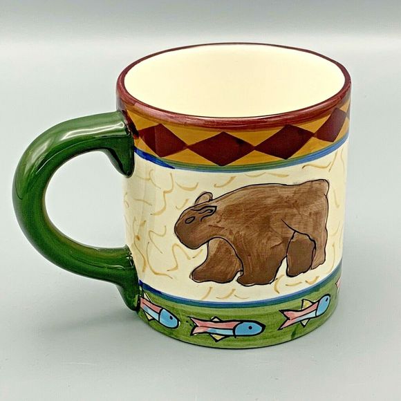 Caribou Coffee Oversize Mug Bear Fish Lakehouse decor Hand painted in China - Picture 1 of 6